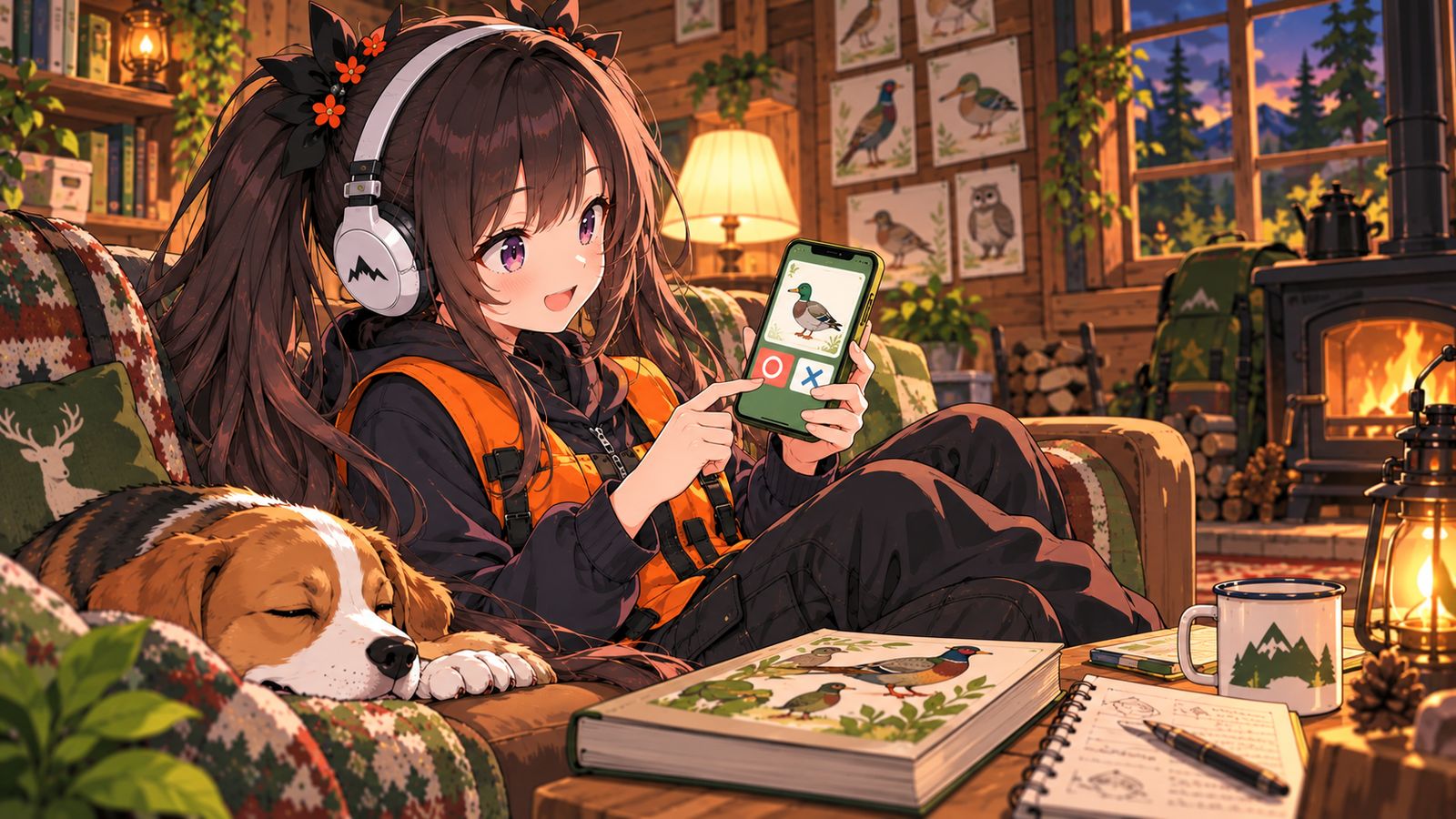 スマホで鳥の判別クイズに答えているイメージイラスト。画面に鳥の絵と○×のボタンが出ている