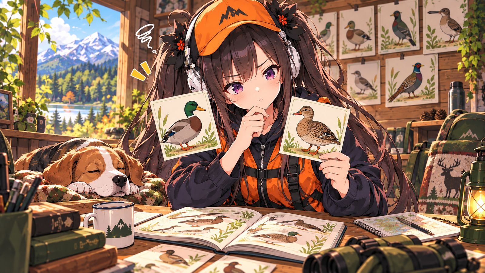 よく似た2枚のカモの図画を見比べているイメージイラスト。頭が緑のオスと、全体が褐色のメスを並べて持っている