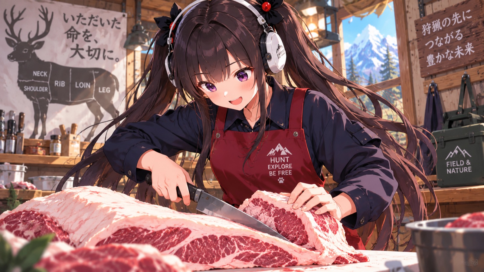 獲物を解体しているイメージイラスト。壁に「いただいた命を、大切に。」という掲示がある