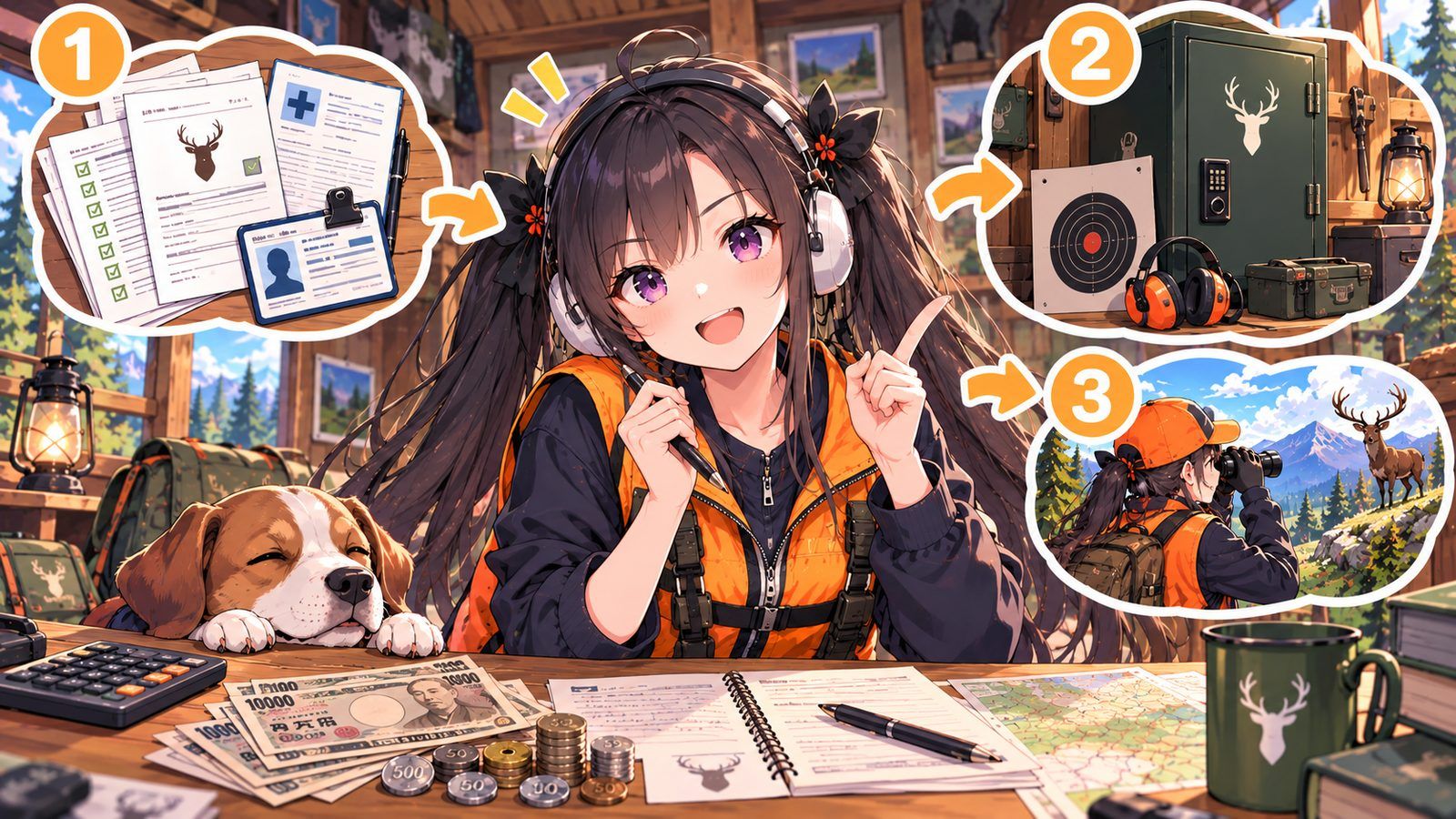 狩猟にかかる費用を計算しているイメージイラスト。机の上に電卓と申請書、書類・ガンロッカー・猟に出る場面の3枚が並んでいる